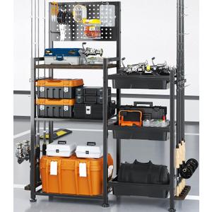 SOYEEZE Fishing Rod Holders for Garage, 3 Storage Boxes for Reels & Fishing Accessories, 10 Rod Capacity Fishing Pole Holder with Pegboard, and 3-Tier Shelf for Tackle Box, Fishing Gear Organizer