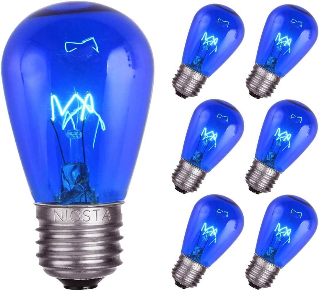 S14 Replacement Incandescent Bulbs, 6 Count Clear Blue, 11W E26 Bulbs for Outdoor String Lights