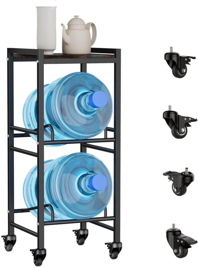 2 Tiers Water Rack Top Storage Shelf with 4 Wheels - Space Saving Dispenser Stand 5 Gallon Water Storage Rack Bottle Jug Holder Organizer/Lockable&Removable Casters/Kitchen Office Garage