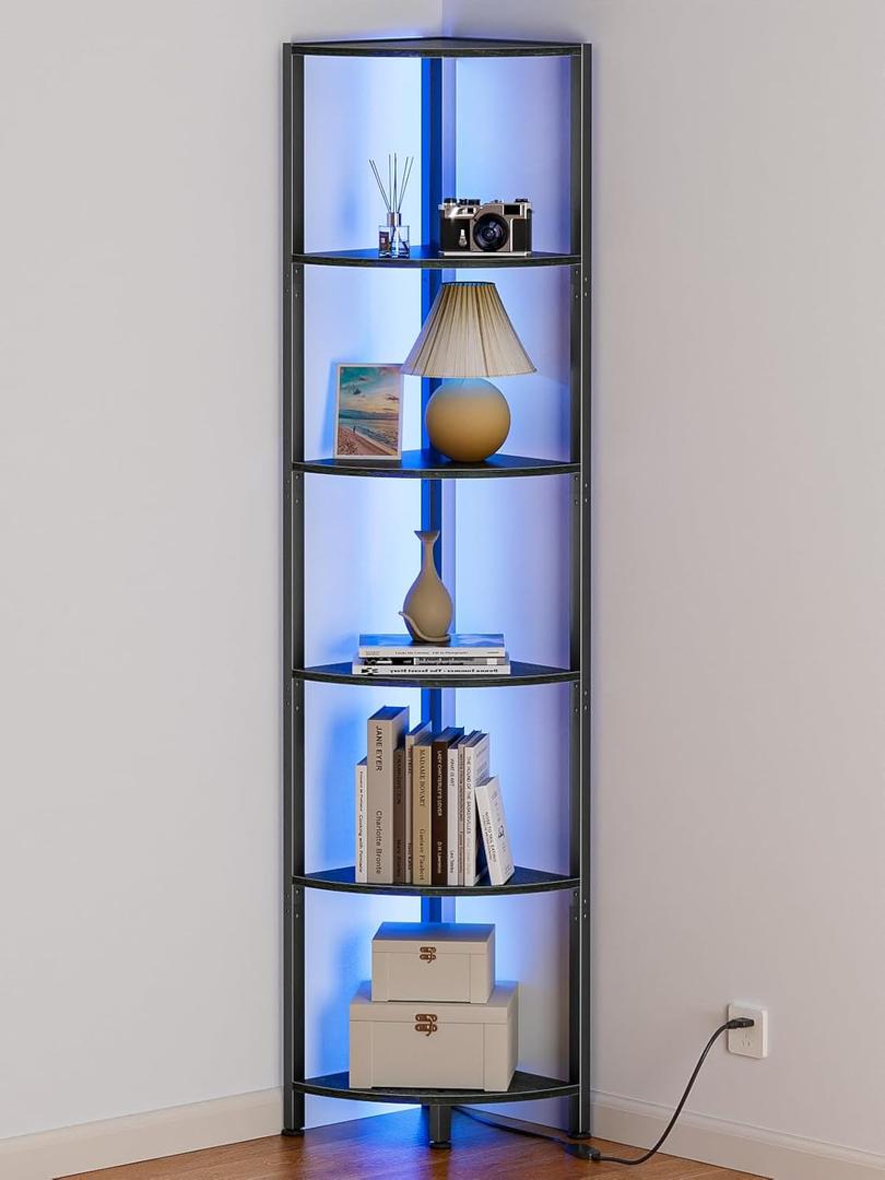 Furnulem 6 Tier Corner Shelf with LED Light, 67.5 Tall Standing Shelf Organizer, Black Narrow Bookshelf with Storage Rack for Wall Corner, Living Room, Bedroom, Metal Frame, Wood Display Shelf