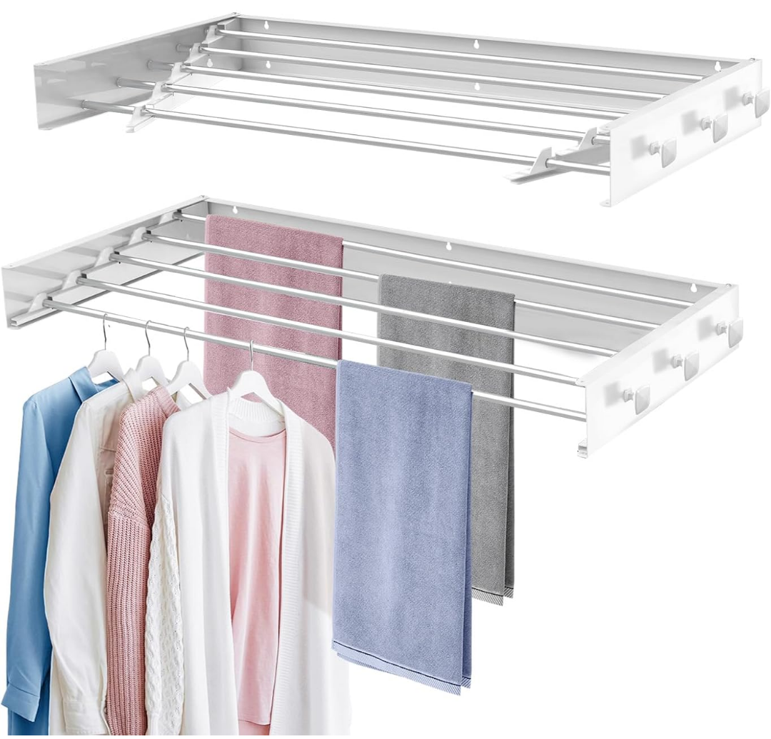 Upgrade 6 Knob Hooks Wall Mounted Drying Rack: Wide Collapsible Laundry Drying Racks, 5 Aluminum Rods, 9.9 Linear Ft Drying (39", Circle Hook)