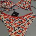 ZAFUL Women's String Triangle Bikini Sets Sexy Triangle Textured Tied High Cut Swimsuit Brazilian 2 Piece Bathing Suit (Floal Cherry) S