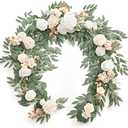 Ling's Moment Flower Garland - 6FT Eucalyptus & Rose - Sweetheart Table Decor for Wedding Reception, Artificial Silk Floral Garland for Mantle, Spring, Garden Christmas Decoration, White Beige