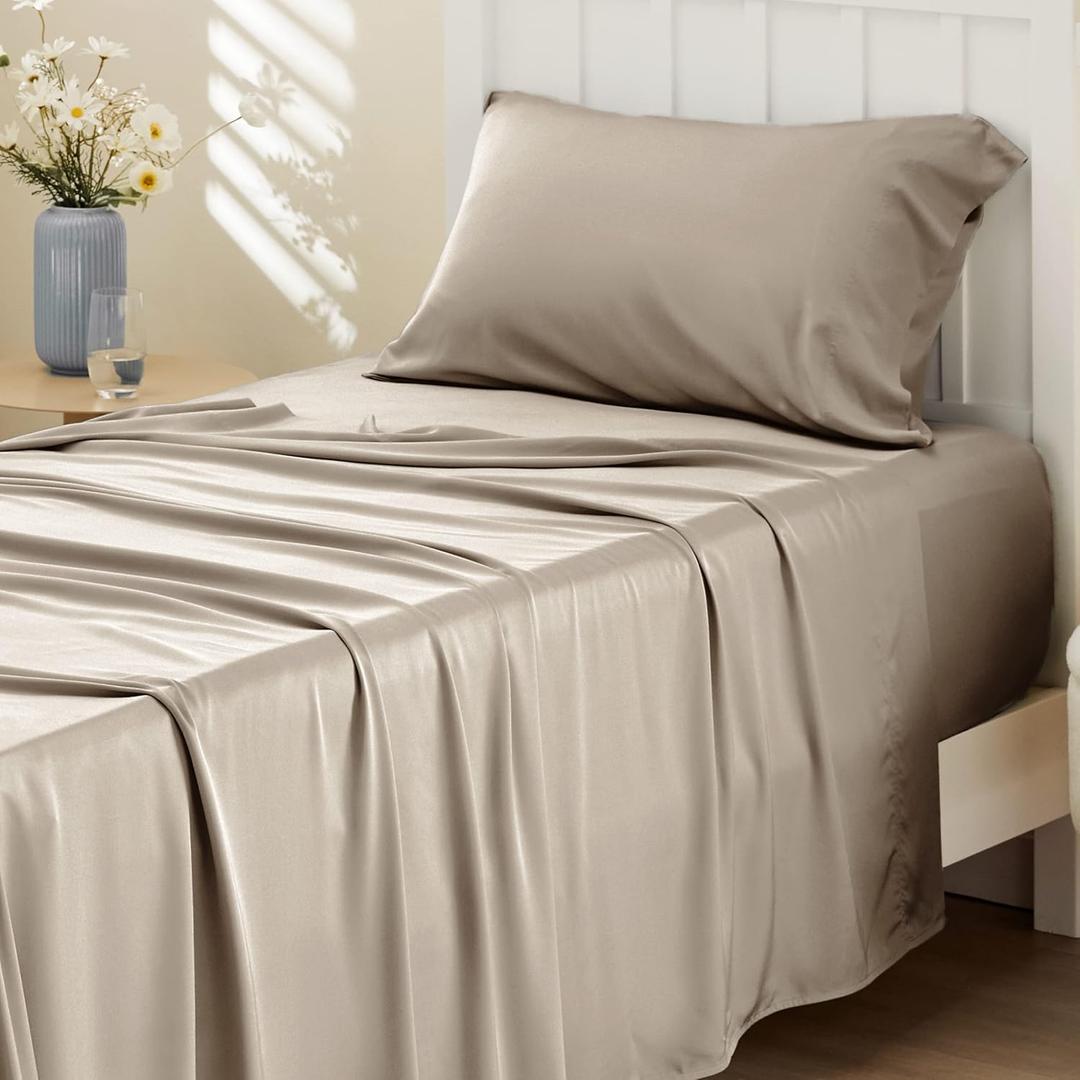 Bedsure Cooling Sheets Twin, Rayon Derived from Bamboo, Breathable & Soft Twin Sheets Set, Deep Pocket Up to 16 Inches, Hotel Luxury Silky Bedding for Hot Sleepers, Simply Taupe