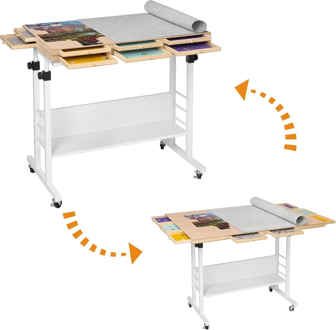 Tektalk 2000 Piece Foldable Puzzle Board with Height Adjustment, Jigsaw Puzzle Table with 2 Felt Cover & 8 Sorting Trays/Drawers, Puzzle Easel with Legs, Enclosed with 4 Roller Wheels (White)