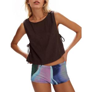 Crew Neck Crop Tank Tops for Women Loose Split Tie Side Sleeveless Cotton Linen Tops Summer Boxy Cropped Vest Tops (Red, L)