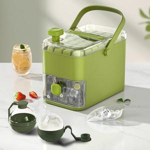 Compact Double Layer Ice Cube Tray with Lid and Bin, One-Click Demolding, Pull-Out Ice Drawer with Portable Handle, Includes 2 Large Ice Ball Molds (Green)