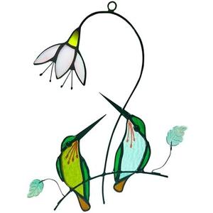 Hummingbird with Flower Stained Glass Suncatcher Bird Stained Glass Window Hangings Hummingbird Gift for Women Home Decor