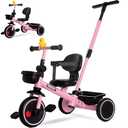 KRIDDO 2-in-1 Tricycle for Toddlers 1.5-5 Years, Push Tricycle with Parent Steering Detachable Handle, 9-Stage Adjustable Handlebar, Toddler Trike with Safety Belt, Clutch Pedals & Dual Basket, Pink