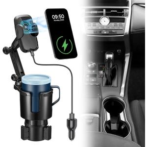 This Hill Cup Holder Phone Charger, 15W Fast Charging Auto Clamping, Phone Holder for Cup Holder Charger with Adjustable Base & 360 Rotation Compatible for All Smartphones(with Car Adapter)