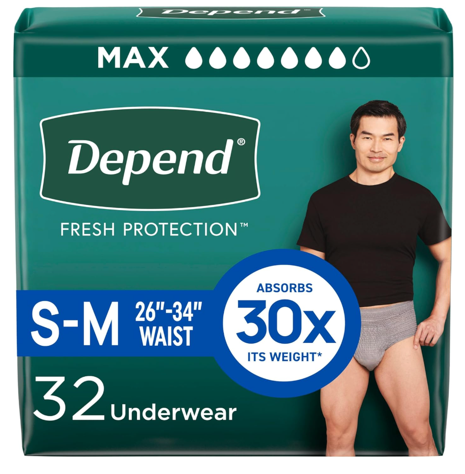 Depend Fresh Protection Adult Diapers, Incontinence Underwear for Men, Disposable, Maximum, Small/Medium, Grey, 32 Count