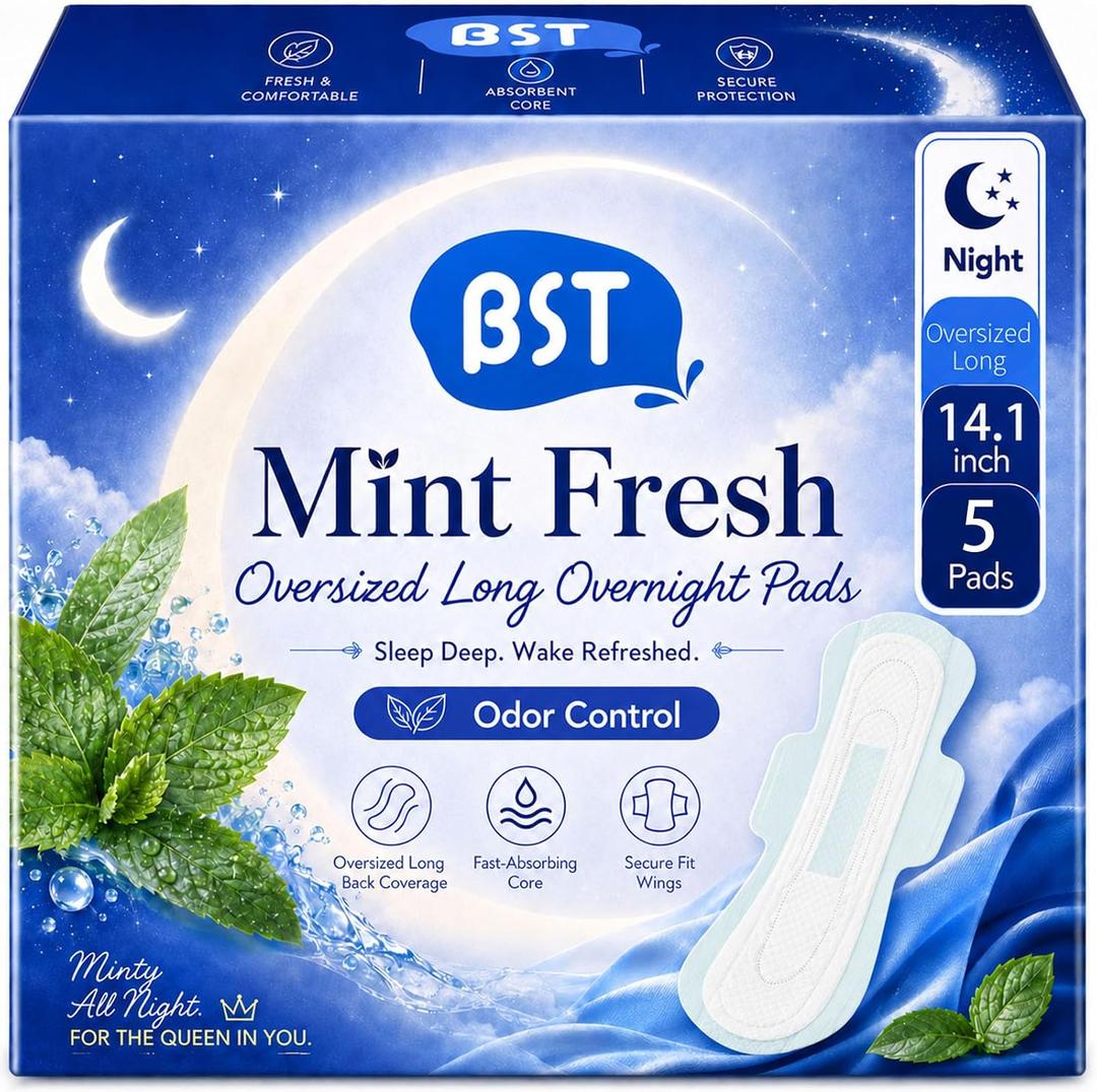2 x BST Natural Mint Fresh Ultra-Thin Period Pads with Wings, Overnight, 5 ct | Odor Control All Night, Softer Than Cotton, Great Airflow Breathable Dry Topsheet, Oversized Rear Wings, Packaging May Vary