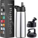 FineDine Triple Walled, Insulated Water Bottles with Straw - 25 Oz Stainless Steel Metal Bottle W/ 3 Leak Proof Lids - For Travel, School, Sports, Gym / Men, Women & Kids - Brushed Stainless Steel