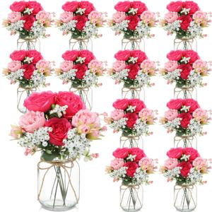 Zeyune 12 Sets Mason Jar Flowers Centerpiece Table Decorations,Pink Mix