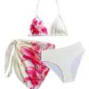 RoseSeek Girl's 3 Piece Floral Swimsuit Halter Triangle Bikini with Skirt (Pink)