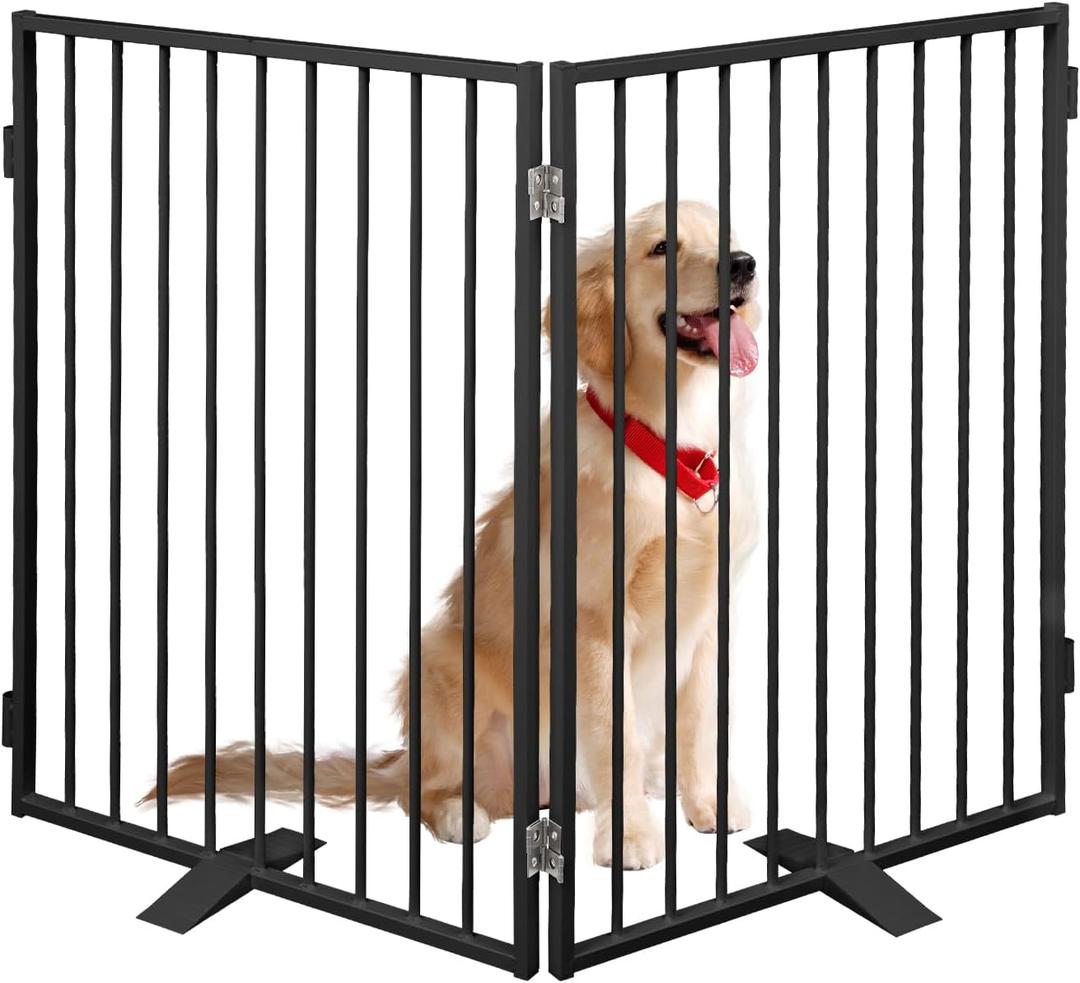 Metal Freestanding Dog Gates,Extra Wide 24", 32" Height Foldable Dog Fence for Indoor & Outdoor, Heavy Duty Freestanding Pet Barrier for Stairs, Doorways, Halls, Kitchen,Yard (Black)