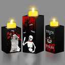 Pack of 2, BlcTec Halloween Decorations, 3 PCS Halloween Wood Candle Holders with LED Tea Lights & 3D Carving Craft, Spooky Wood Candle Centerpieces for Home, Table, Office, Tiered Tray, Shelf Décor, Black Color