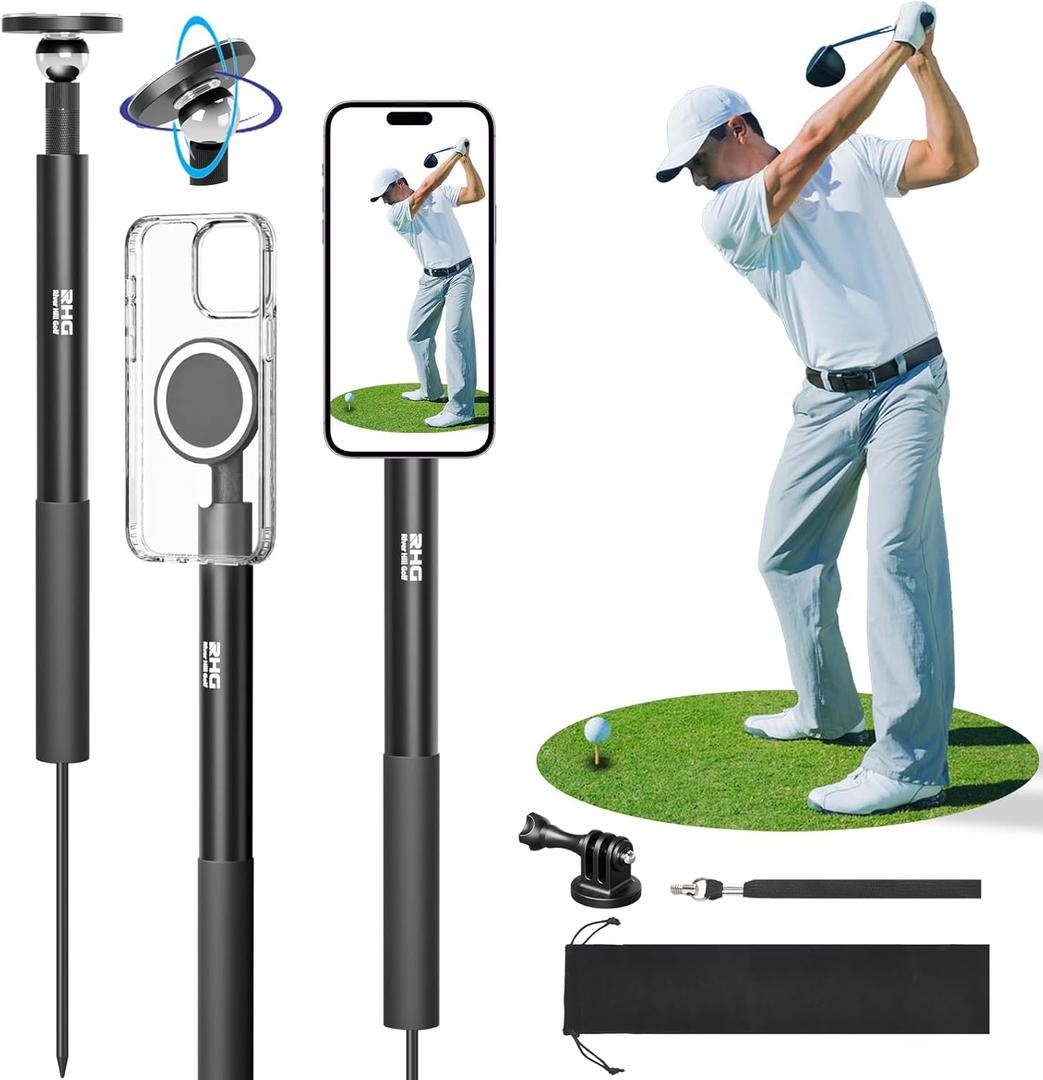 Golf Monopod Stick, Golf Swing Phone Holder, 46" Magnetic Aluminum Alloy Selfie Stick w/Spike Stake Mount, Compatible w/iPhone Camera Magsafe, Adjustable Heigh Tripod, Golf Training Aid