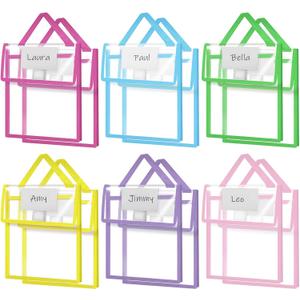 Teling 12 Pack Thick Clear Book Pouches with Blank Name Tags and Handles Book Baggies Bags Bins Organizer for School Classroom Library Pockets Students (10 x 12 Inch,Vivid Colors)