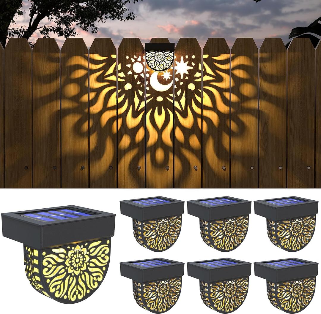 Solar Fence Lights 6 Pack Solar Deck Lights Waterproof LED Powered Step Wall Lanterns Outdoor Decorations Warm Yellow Decorative Lighting for Garden Backyard (Black)
