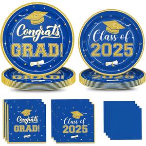200Pcs Graduation Party Plates and Napkins Class of 2025 Blue Graduation Party Supplies Paper Plates Luncheon Napkins Cocktail for Congrats Grad Disposable Decorations Serve 50
