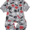 SCENEREAL Fleece Dog Pajamas for Large Dogs, Warm Soft Puppy Jumpsuit, Adorable Bones Paw Print Pet Sweaters Clothes, Doggy Pjs Cat Coat for Boy Girl L