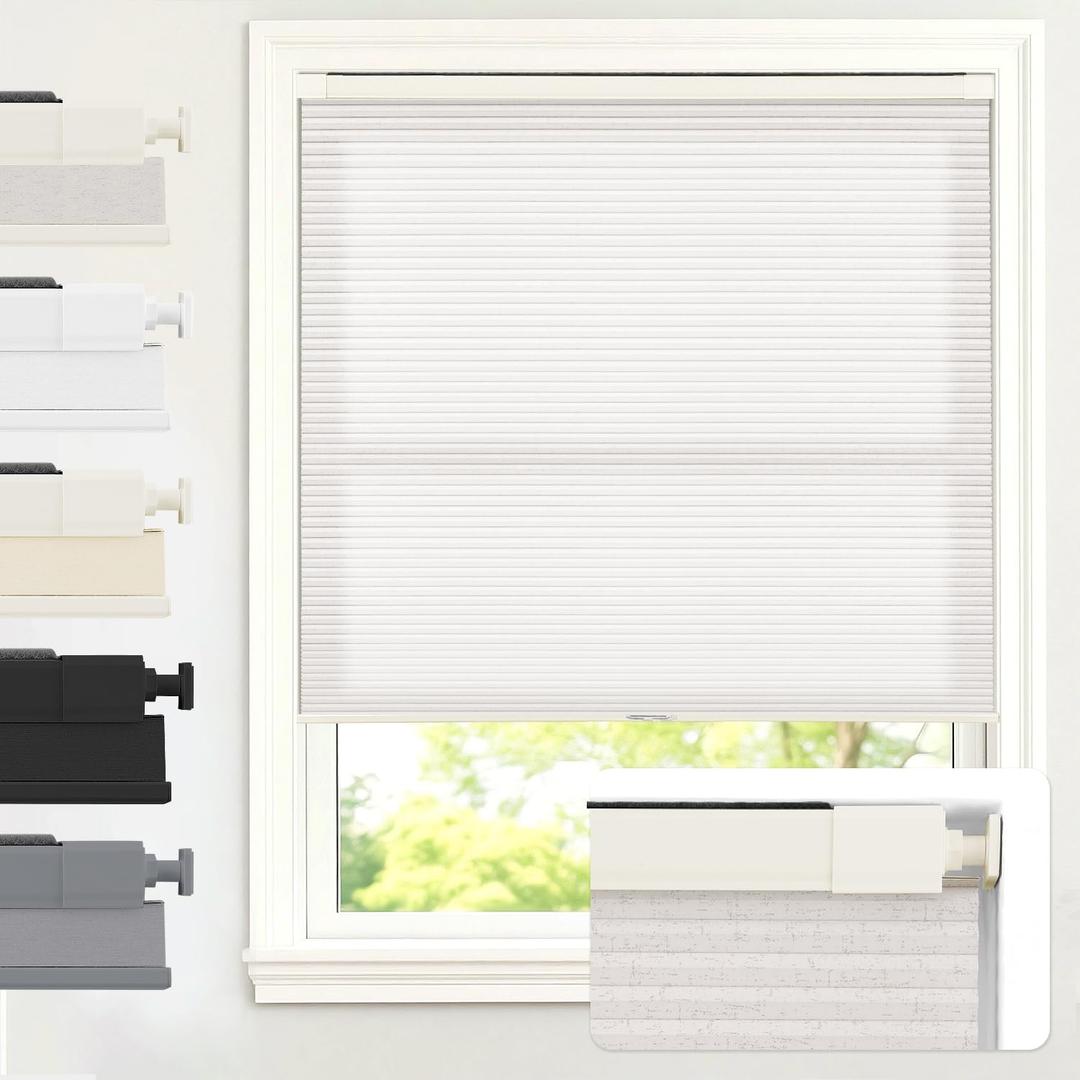 AOSKY No Drill Cordless Light Filtering Cellular Shade 28" W x 64" H Linen | No Tools Honeycomb Blinds for Indoor Windows, Free-Stop Shades for Home, Thermal Insulated, Noise Reducing