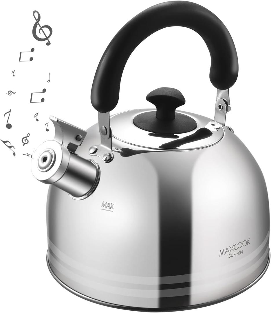 MAXCOOK Whistling Tea Kettle for Stovetop, 5L Stainless Steel Tea pot Kettles,Striped frosted water pot, Large kettle teapot with Cool Touch Ergonomic Handle(Mirror Polish)