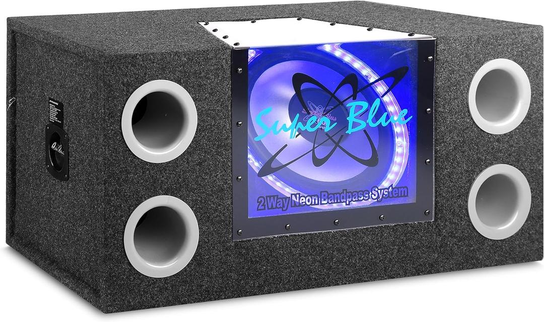 Pyramid 12" 1200W Car Audio Subwoofer - 2 Way Neon Bandpass Speaker System w/Blue Lights, DC 12V Input/4 Ohm/32Hz-1KHz Freq.Res w/Plexi-Glass Front Window & Silver Polypropylene Cone