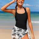 Girls Swimsuit Halter Neck One Piece Bathing Suit with Tropical Printed Cover Up Skirt Girls' Swimwear Set 7-18Y (Black)