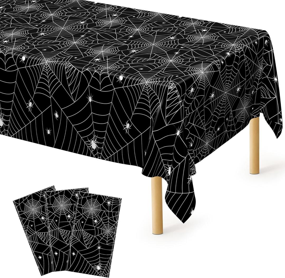 QZYL 3 PCS Halloween Table Cloths, 54" x 108" Spider Web Table Cloth, Black Disposable Tablecloth Plastic Tablecover, Spider Webs Halloween Decorations Party Supplies Tableware Decor