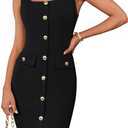 GRACE KARIN 2025 Women's Buttons Belted Square Neck Business Work Dress Sleeveless Bodycon Midi Dress (Black), S