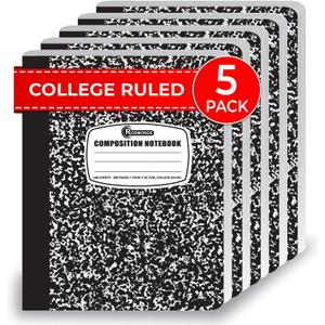 5 Pack College Ruled Composition Notebooks, Black Marble Notebook