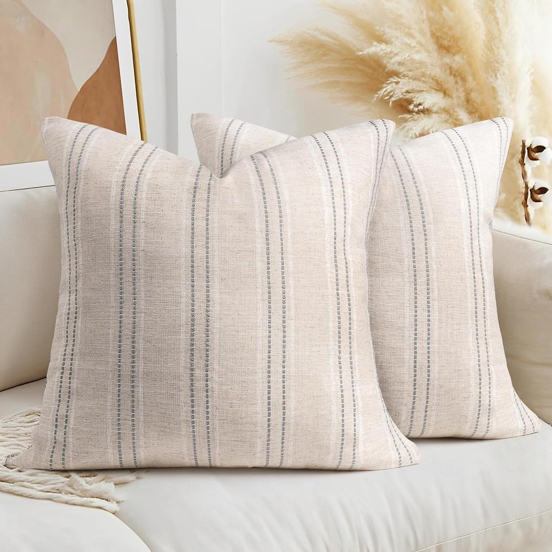 AELS 24x24 Decorative Farmhouse Linen Throw Pillow Covers, Boho Textured Pillow Case, Set of 2, Beige with White & Gray Stitch Yarn Dyed Stripe Cushion Cover for Sofa Couch Living Room (Cover ONLY)