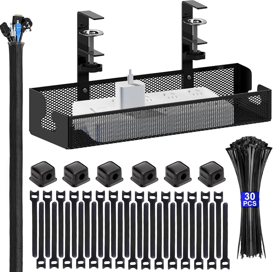 Under Desk Cable Management Tray Black 15.7" Cable Management Kit No Drill Box Cord Organizer for Desk Wire Cable Basket for Home Office Standing Table