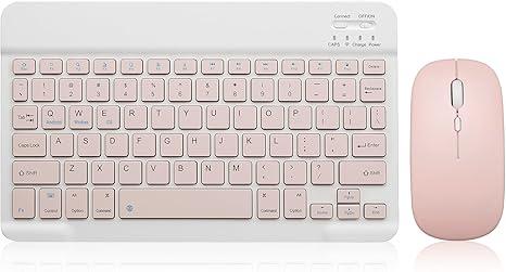 Bluetooth Keyboard and Mouse Combo Rechargeable Portable Wireless Keyboard Mouse Set for Apple iPad iPhone iOS 13 and Above Samsung Tablet Phone Smartphone Android Windows (10 inch Pink)