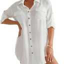 Bsubseach Women Button Down Rolled Cuffed Long Sleeve Shirt Side Slit Collared Blouses with Pockets Oversized Rayon Tops White L