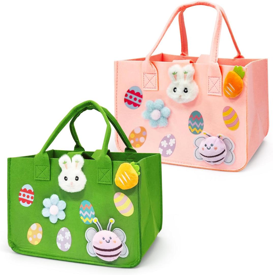 Aviski 2PCS Easter Egg Hunt Bags, Easter Bunny Gift Bags with Handles, Easter Treat Bags, Felt Easter Bags for Gifts Wrapping, Egg Hunt Game, Easter Party Supplies, 12" x7.8" x6.8"(Pink + Green)