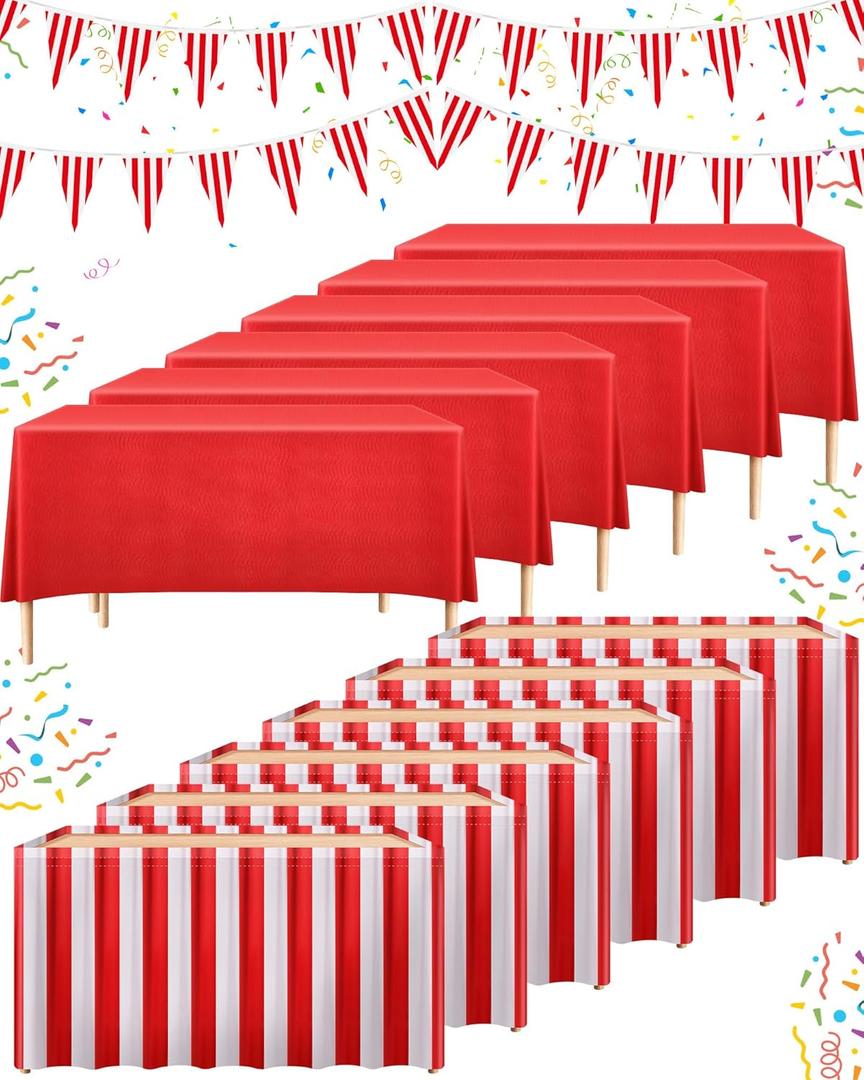 15 Pieces Carnival Theme Party Decors Carnival Table Skirts Circus Theme Tablecloths Red White Striped Pennant Banners Circus Bunting Banners Decors