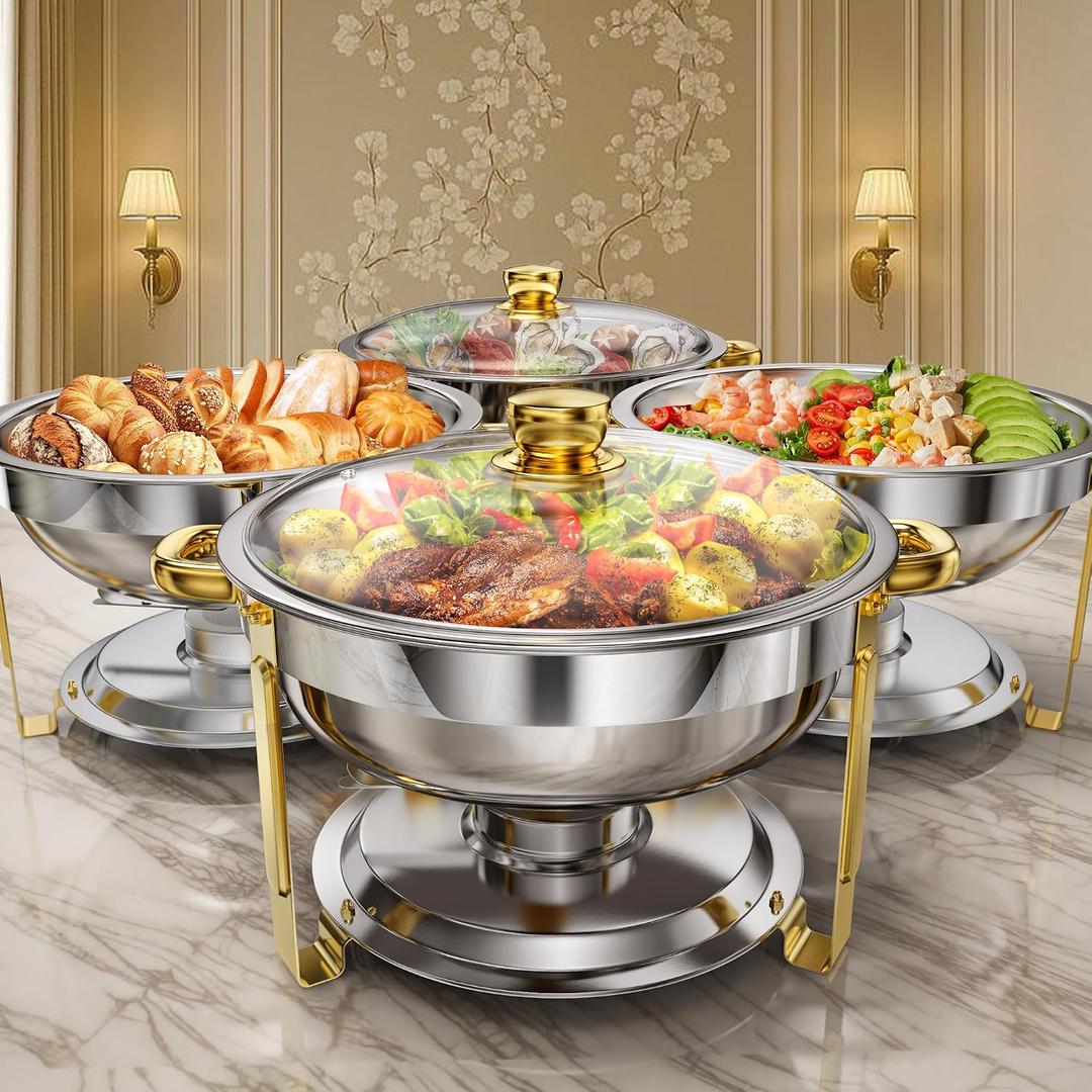 4 Pack 6 QT Round Chafing Dishes for Buffet with Glass Lid, Stainless Steel