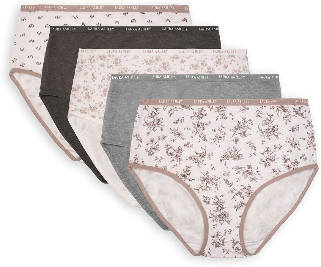 Laura Ashley Women's Cotton Brief Underwear Set, High-Waisted Panties for Women, 5-Pack (Steel Floral/Md Heather Grey/Steel Floral/Smokey Taupe/Steel Pea)