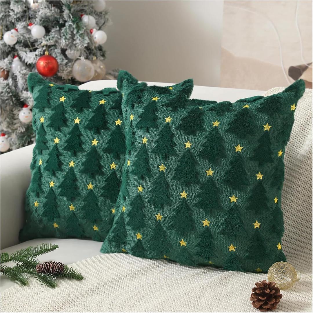Christmas Throw Pillow Covers Christmas Decorations Set of 2 Xmas Tree 18x18 Pillow Covers Soft Plush Faux Wool Pillow Cases Holiday Winter Decor Sofa Couch Bed (Star Green)