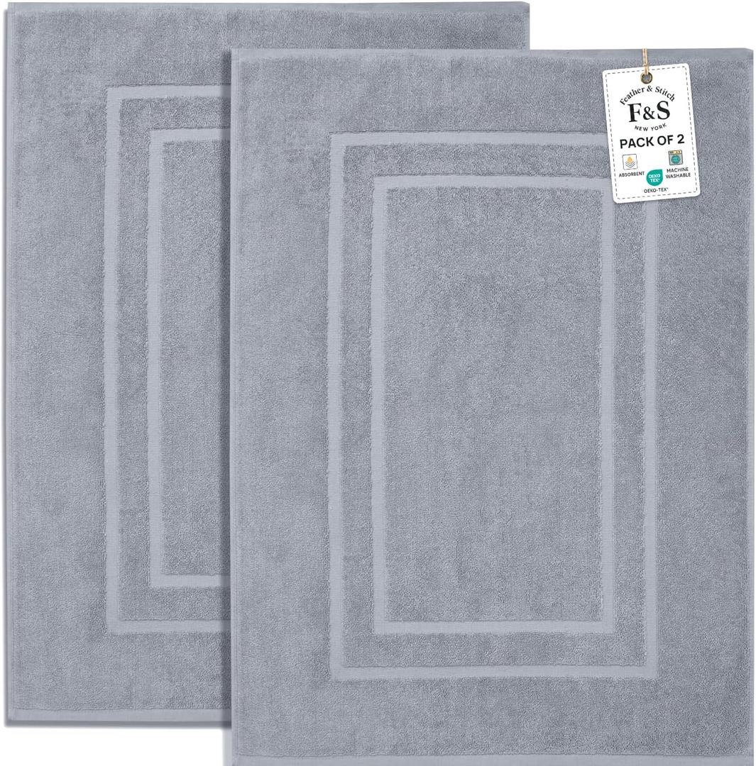 Feather & Stitch 2 Piece Towel Like Bath Mats (30x21 Inch) 100% Cotton Terry Bath Mats, Bathroom Shower Floor Mats [NOT A Bathroom Rug], Soft Absorbent Washable Mats (Grey)
