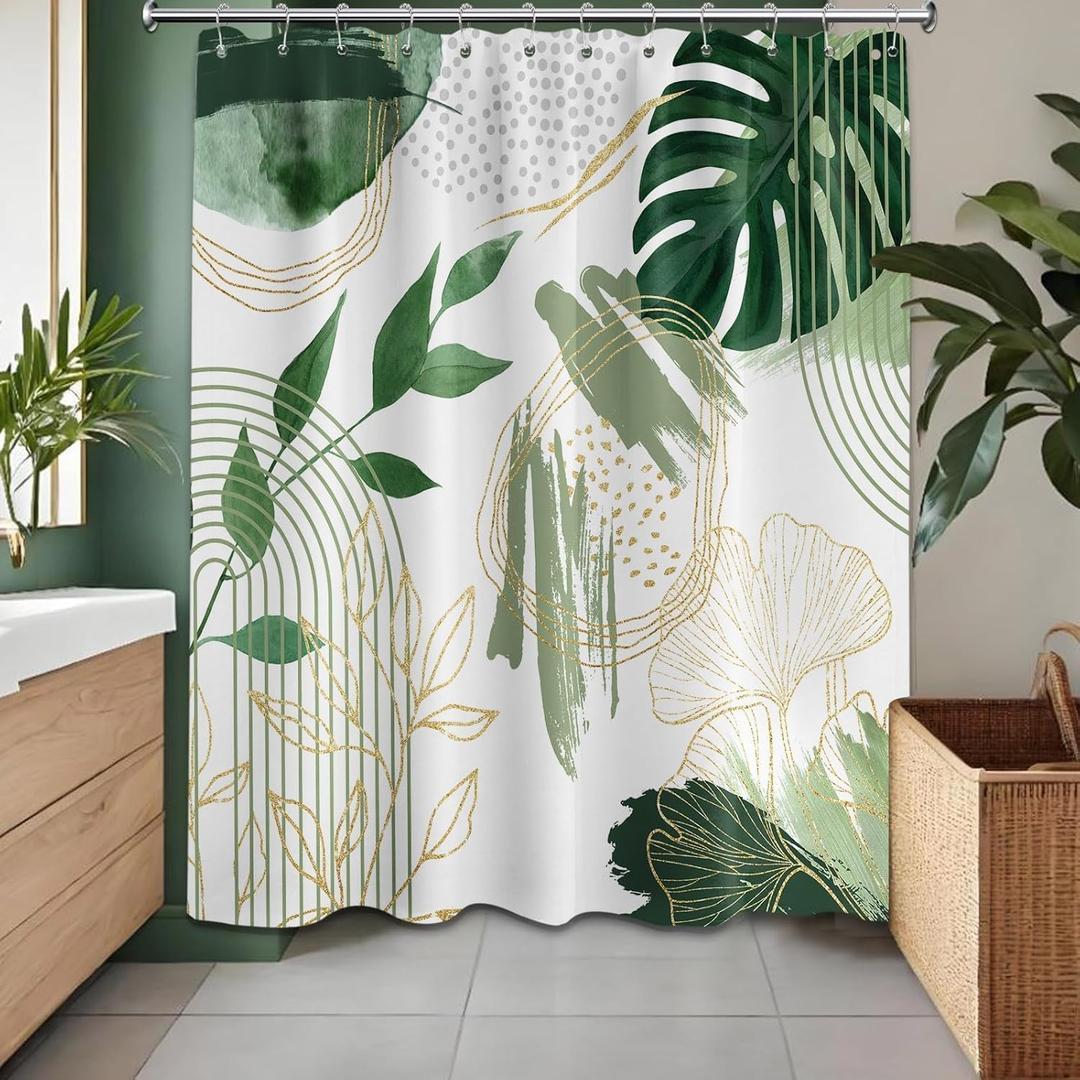 Sage Green and Gold Boho Leaf Shower Curtain Mid Century Modern Minimalist Olive Green Plant Shower Curtains for Bathroom Decor Set, Waterproof Cloth Fabric with Hooks, 70x84 in