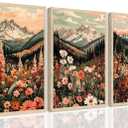 YUFEIART Boho Wall Art Mountain Wall Art OAK Wood Framed Nature Landscape Wall Decor Set of 3 Colorful Wildflower pictures Vintage Floral Canvas Prints Forest Paintings for Living Room Bedroom 16"x20"