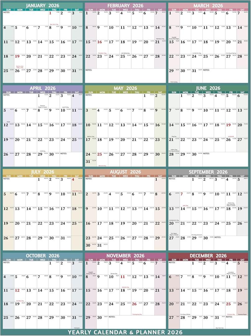 Yearly Wall Calendar 2026 - Large Yearly Calendar 2026 Vetical, Jan 2026 - Dec 2026, 33.7" x 45.1" (Open), 2026 Calendar, Large Wall Calendar 2026, Full Year Paper Calendar with Notes, Thicker Paper, Multi