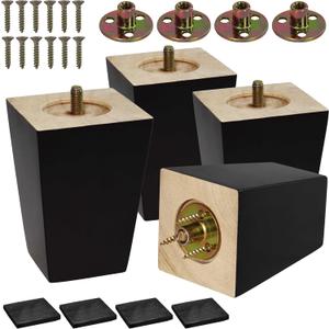 CODIN (5 Sizes: 3"-4"-5"-6"-8" Set of 4 Wood Furniture Legs - Square Sofa Legs, Couch Leg - Brown Mid-Century Modern Replacement Legs for Armchair Recliner Coffee Table Dresser (4")