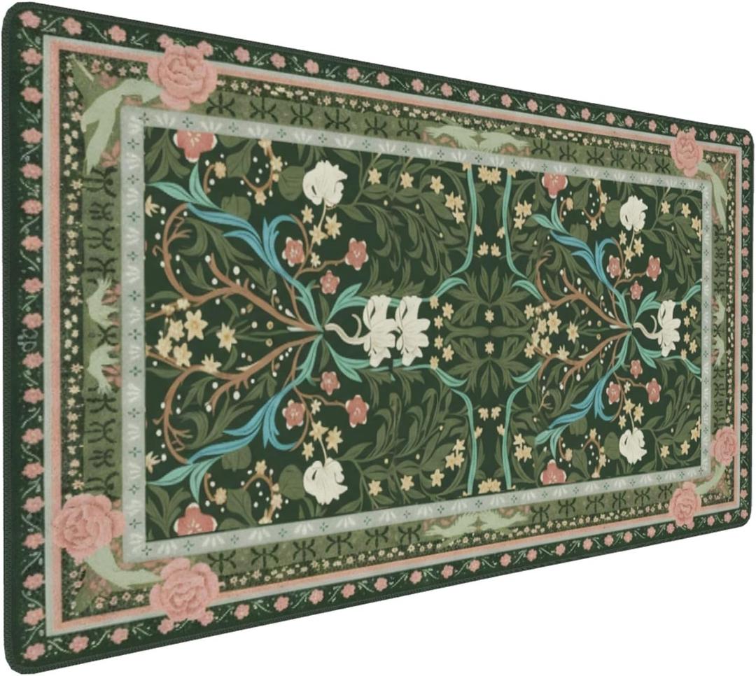 Floral XXL Desk Mat: Extra-Large Anti-Slip Mouse Pad with Stitched Edges for Office & Home, Cute Aesthetic Keyboard Mat and Desk Decor for Women. (Dark Green Floral)