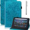 for Kindle Fire Max 11 Case - Embossed Lace PU Leather Flip Folio Tablet Case with Elastic Band & Card Slots/Holder, Multi-Angle Viewing Stand Cover, Blue
