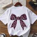 RoseSeek Girl's Leopard Bow Graphic Tees Preppy Baggy T Shirt Summer Tops | Short Sleeve, Loose Fit, Aesthetic Streetwear Vintage, Cute Clothes for Girls Size 10-12